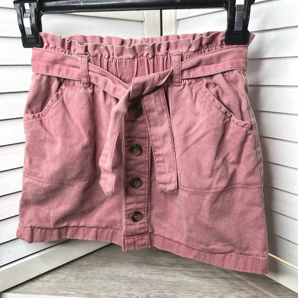 OshKosh‎ B'gosh Girls Pink Cotton Denim Button Front Skirt Size 7 with Belt HTF